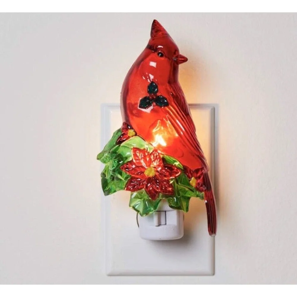 Holiday Time Red Cardinal Night Light w/ Light Bulb‎ Bird Xmas Poinsettia NEW